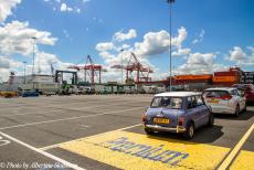 Ireland 2017 - Classic Car Road Trip Ireland: Our own Mini Authi and several other classic Minis waiting in line at the ferry terminal in the Port of Dublin,...