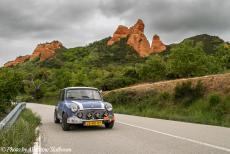 Portugal - Classic Car Road Trip: Driving in our own classic Mini through Las Medulas, an dramatic and unique landscape of imposing red...