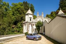 Portugal - Classic Car Road Trip Portugal: The 1974 Mini Authi in front of Bom Jesus do Monte. Bom Jesus do Monte is a sanctuary, situated on a...
