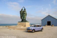Portugal - Classic Car Road Trip Portugal: Praia de Mira, our own lavender blue classic Mini in front of the tiny fishermen's chapel of Our Lady of...