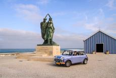 Portugal, IMM Praia de Mira - Classic Car Road Trip from the Netherlands to Portugal: Praia de Mira. Our lavender blue Classic Mini in front of the tiny fishermen's chapel...