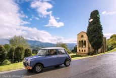 Portugal, IMM Praia de Mira - Classic Car Road Trip from the Netherlands to Portugal:&nbsp;Our own&nbsp;Mini Authi in front of Santa Mar&iacute;a del Naranco, one of the...