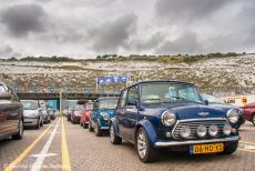 Longbridge IMM - Classic Car Road Trip: Three classic Minis waiting in line at the Port of Dover ferry terminal, waiting to cross the English...